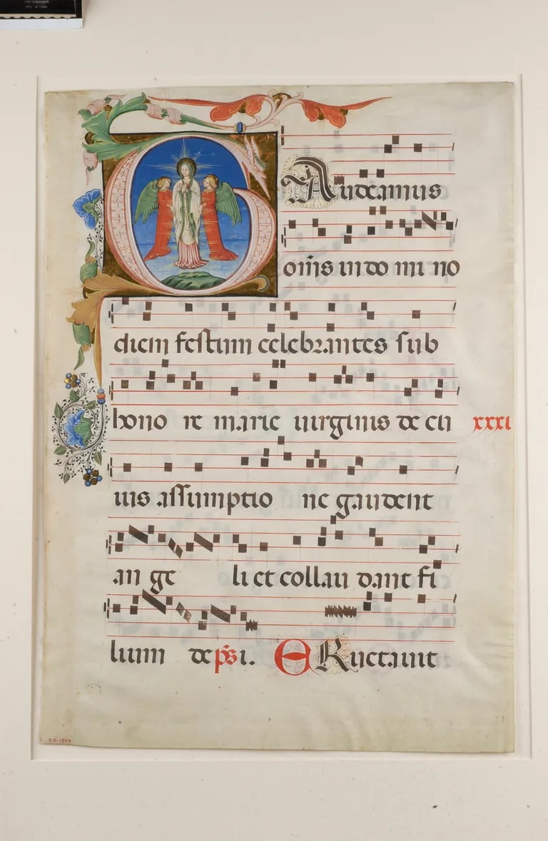 Leaf from Gradual, Historiated initial G of Introit for the Feast of Annunciation , Annunciation to the Virgin