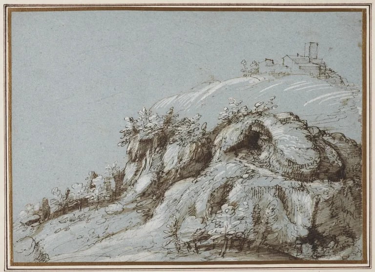 Landscape with Structures on a Rocky Hilltop