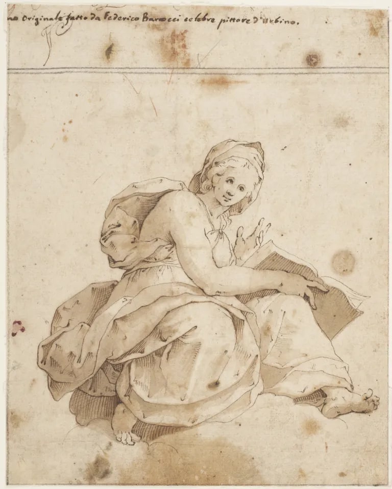 Woman seated on a cloud holding a book (Sibyl?)