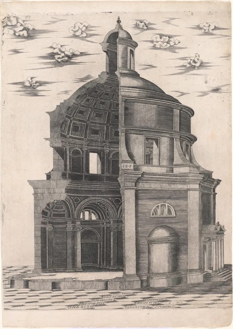 View, half exterior and half interior of a Temple of Neptune in Rome