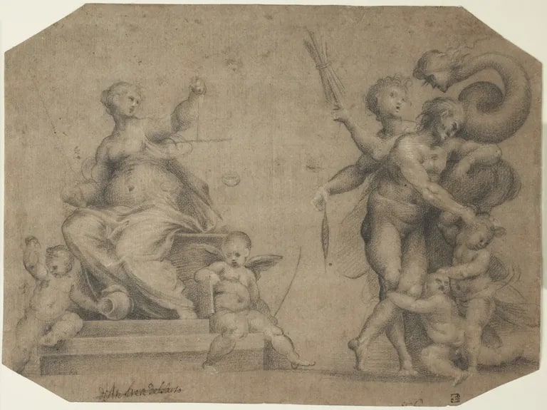 Allegory of Justice: Justice with two attendant putti, Adam, Eve, their sons and the Serpent; Verso: seated monk holding a book