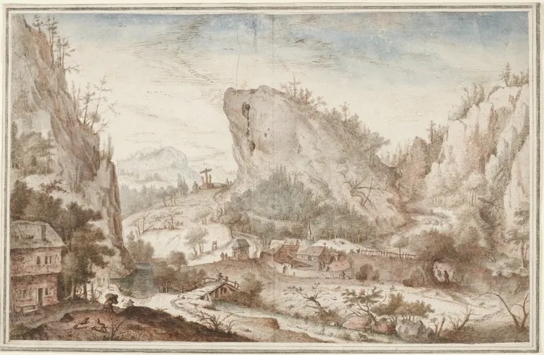 Alpine Landscape with Travelers near a Village