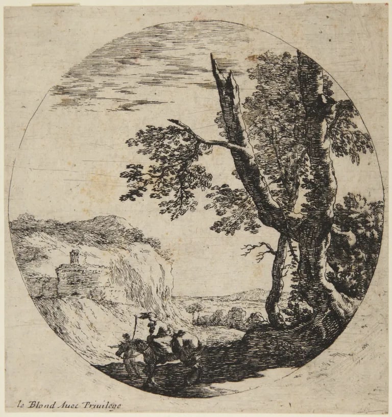 Woman and Child on Horse being led by Man in Landscape