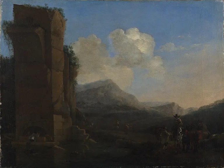 An Italianate Landscape with Travellers by a Pond by a Classical Ruin