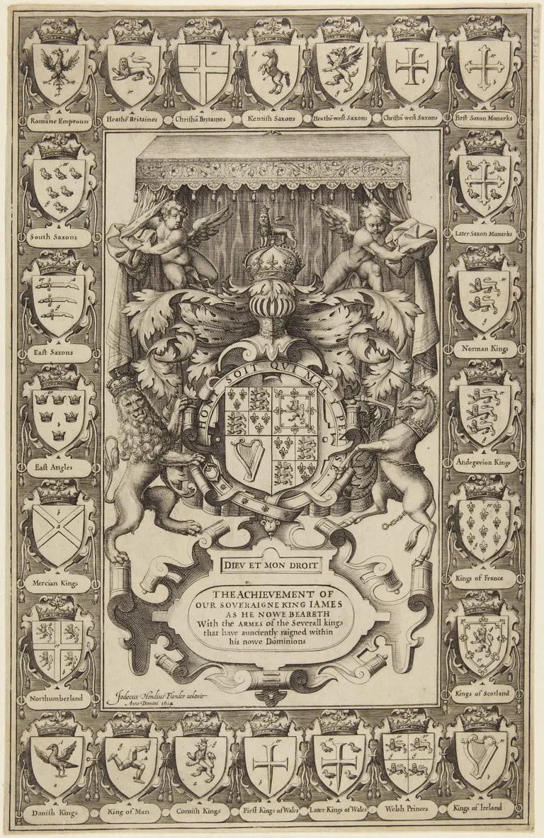 The Royal Coat of Arms of James I (page following title in John Speed's "The Theatre of the Empire...",ed.1614-16 (orig.ed1611-12)