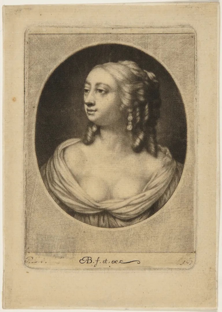 Bust of a woman with curls, facing left