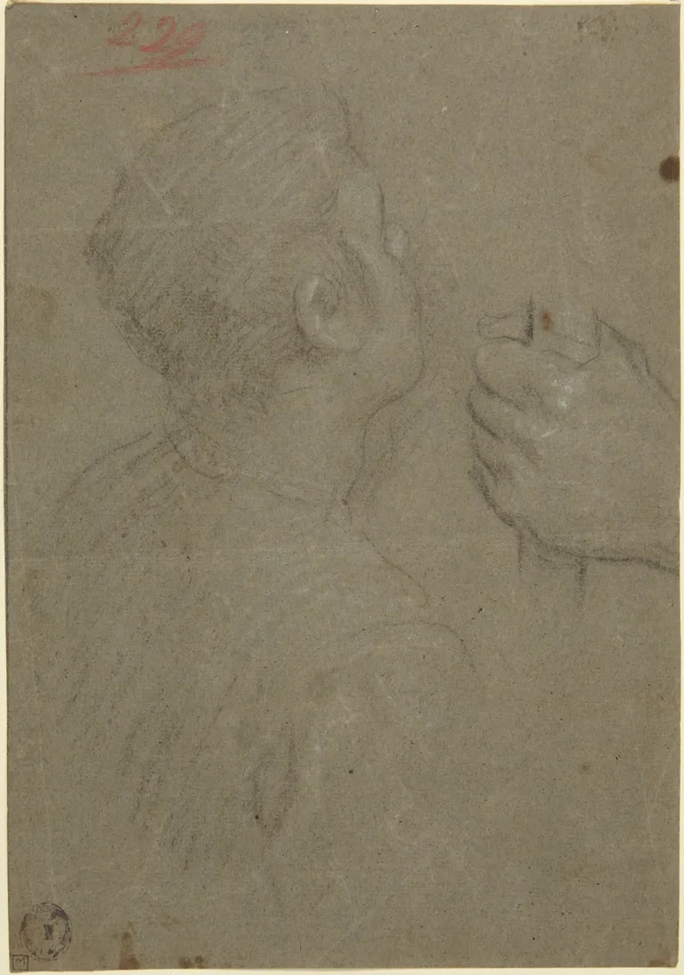 Bust of a youth in lost profile and a hand holding a staff; Verso: two hands holding staffs
