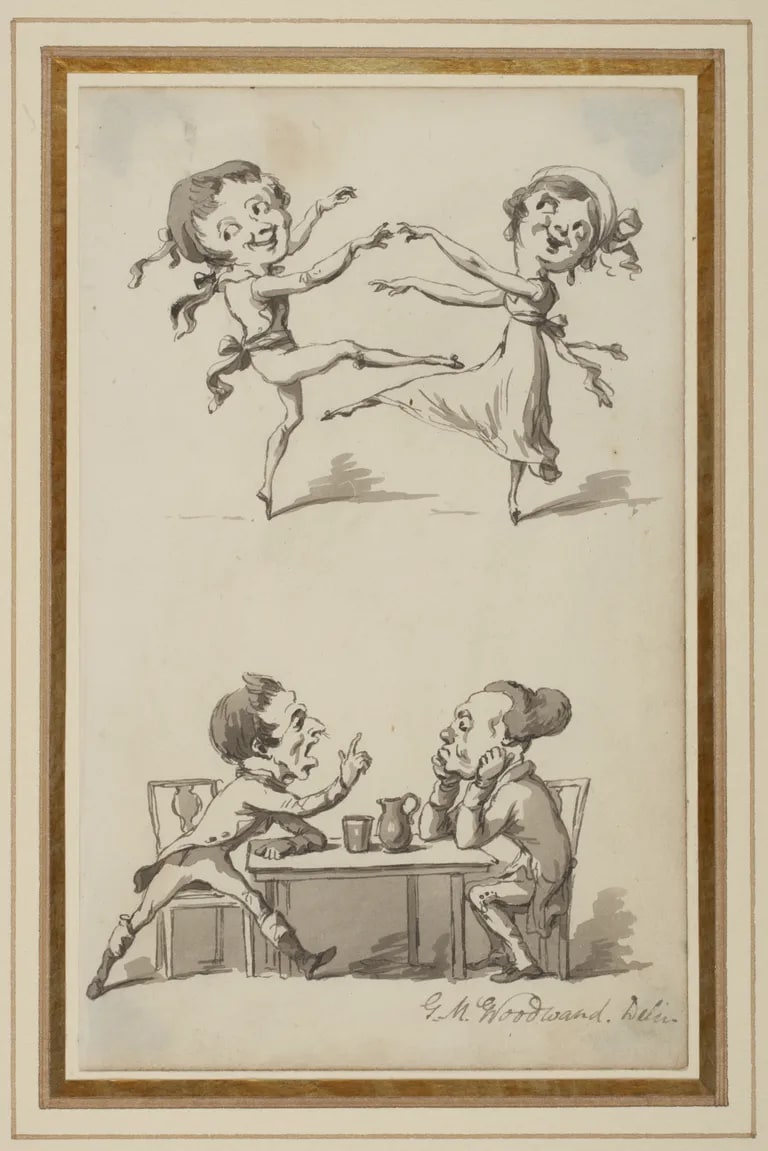 Caricatures: dancing couple and drinking couple