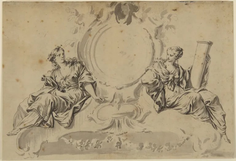 Two Seated Females with Attributes Flanking a Round Frame