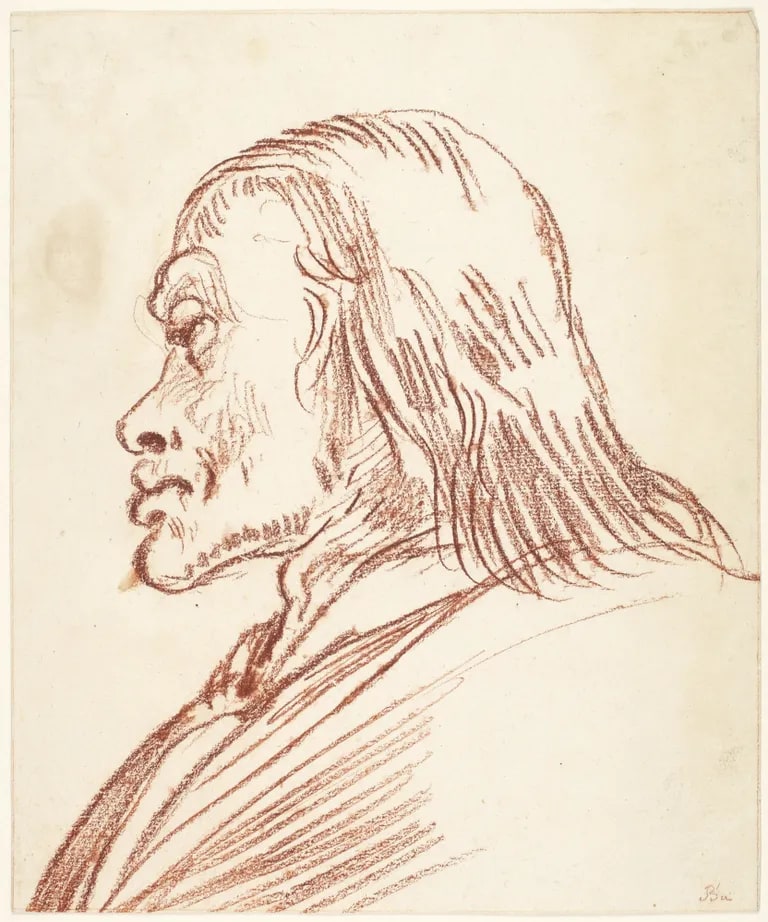 Head of man with long hair, profile to left