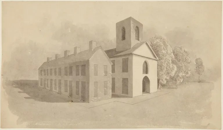 Perspective Drawing of Row Houses and Church
