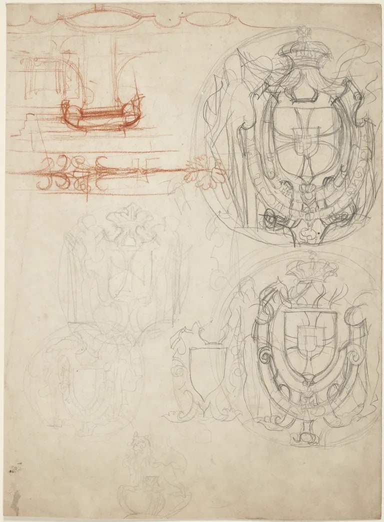 Sketches for Federick VII coat of arms and architectural details
