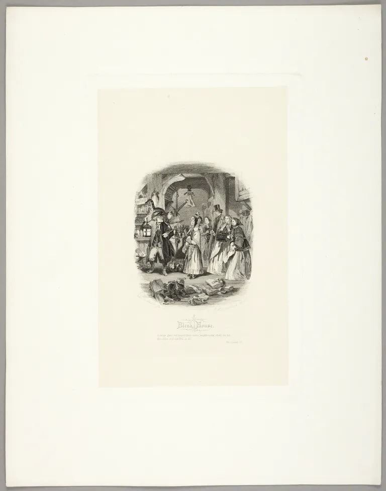 Illustration for Dickens' "Bleak House": "A large gray cat leaped" etc.