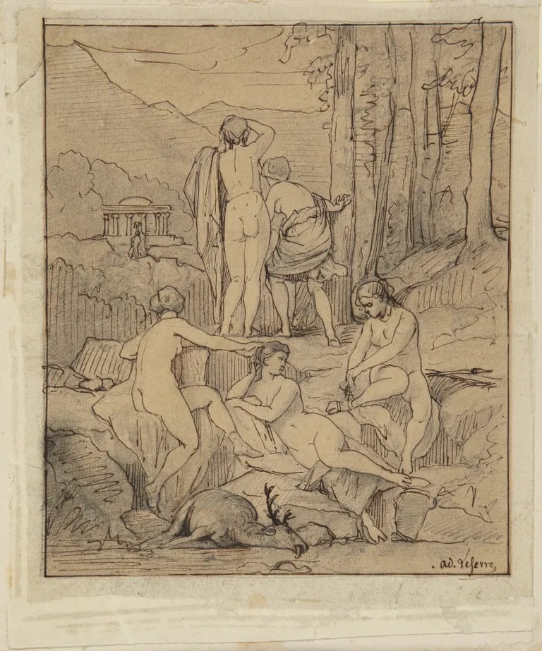 Five Female Figures by a Stream