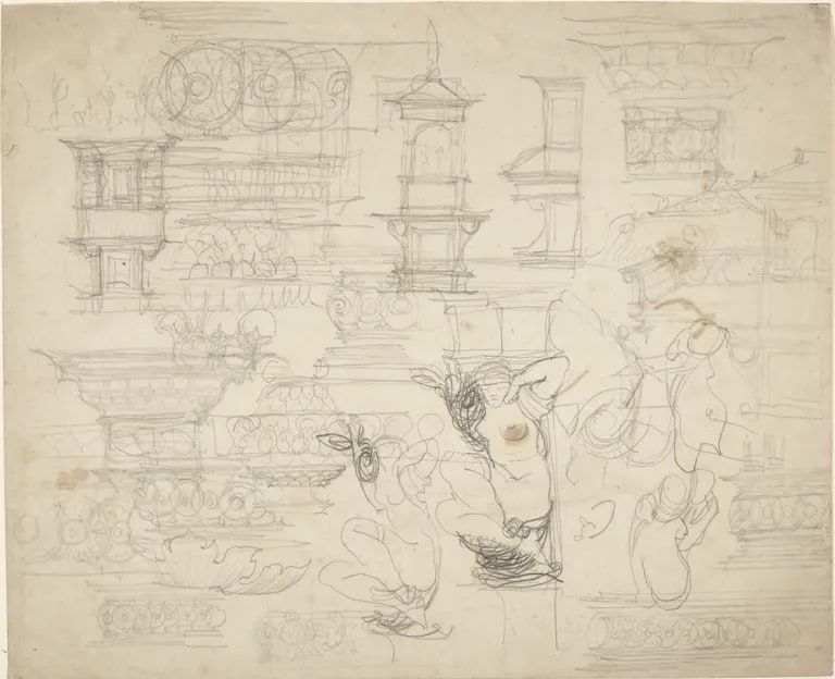 Studies of architectural details and caryatids for Dorchester House