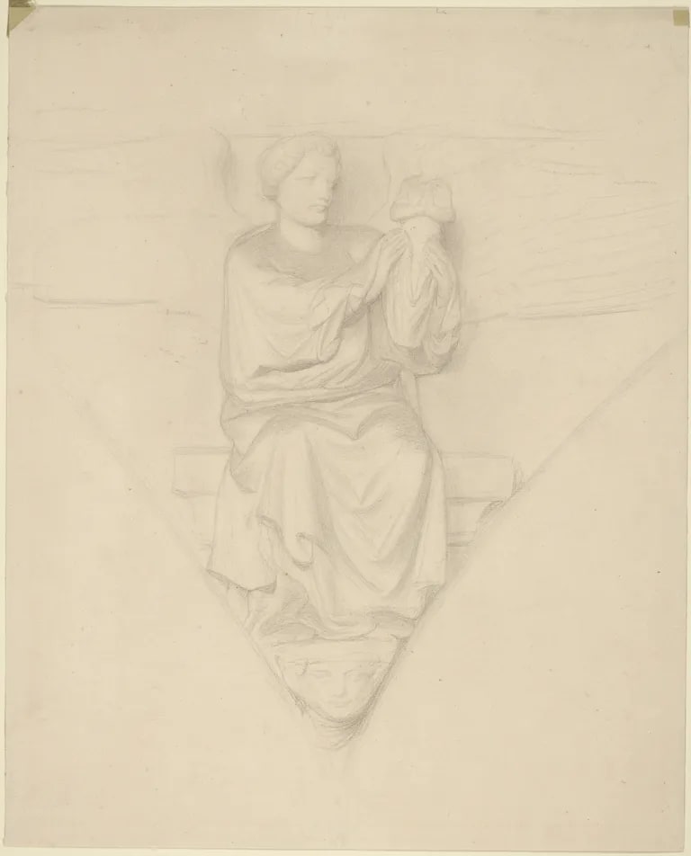Spandrel: Seated angel, frontal, wings spread, holding figure