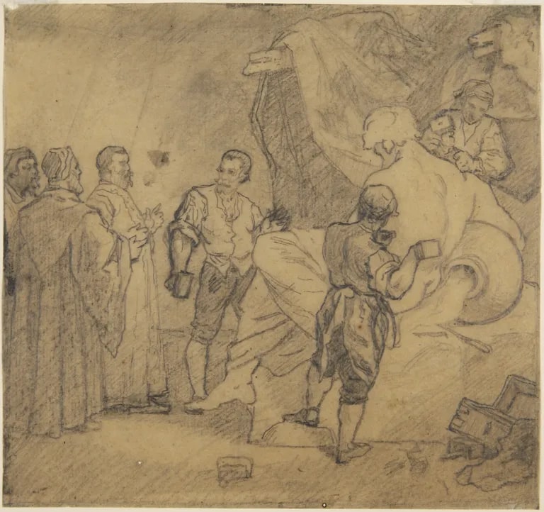 Michelangelo at work before visiting church dignitaries