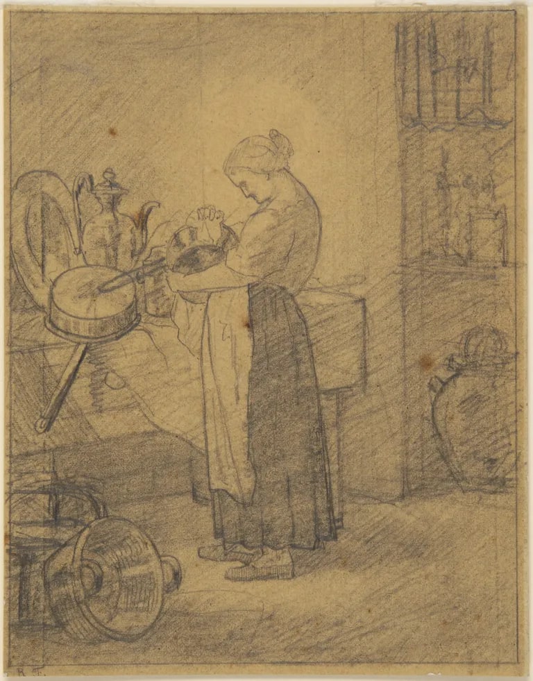 Woman polishing pots