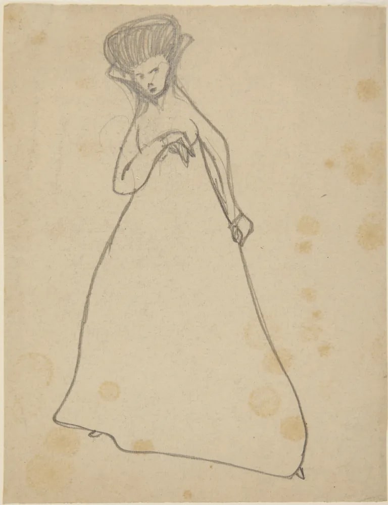 Woman standing in high-collared dress