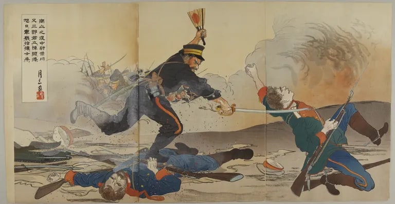 In the Battle of Nanshan Lieutenant Shibakawa Matasaburō Led His Men, Holding up a Rising Sun War Fan (Nanzan no eki, chūi Shibakawa Matasaburō-kun jintō ni tachi kyokujitsu gunsen o sasagete shisotsu o shiki su 南山之役中尉柴川又三郎君立陣頭捧旭日軍扇指揮士卒)
