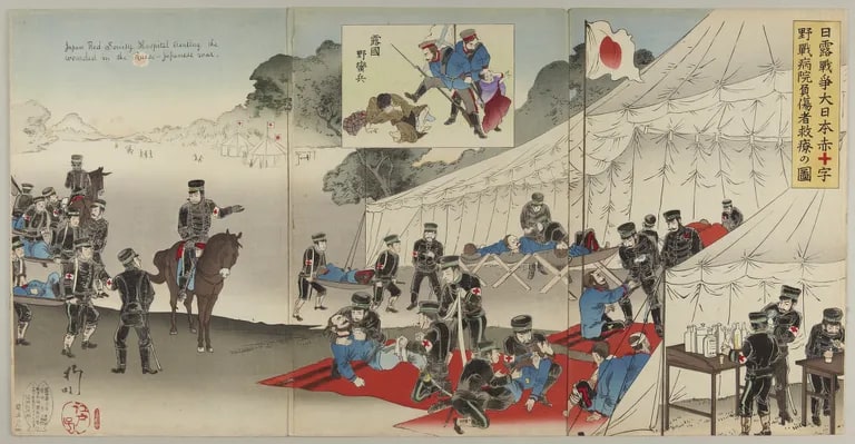 Russo-Japanese War: Great Japan Red Cross Battlefield Hospital Treating Injured (Nichiro sensō dai Nihon Sekijūji yasenbyōin fushōsha kyūryō no zu 日露戰爭大日本赤十字野戰病院負傷者救療の圖)