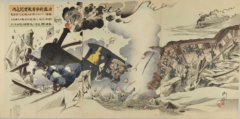 Telegraphic Record of the Russo Japanese War: On the Ice of Lake Baikal in Russia, a Steam Locomotive and Its Cars Sank, Killing Tens of Officers and Soldiers. Russia’s Transport Capacity Was Greatly Damaged (Nichiro sensō denpō jikki no uchi: Rokoku no Baikaru-ko hyōjō tetsudō kikansha oyobi ressha suichū ni chinbotsu shite shōkō heishe sūjūnin sokushin su Rokoku yusōryoku wa ō-shōgai o uketaru mono nari 日露戦争電報実記之内 露国ノバイカル湖氷上鉄道汽関車及列車水中ニ沈没シテ将校兵士数十人即死ス露国輸送力ハ大障害ヲ受タルモノナリ)