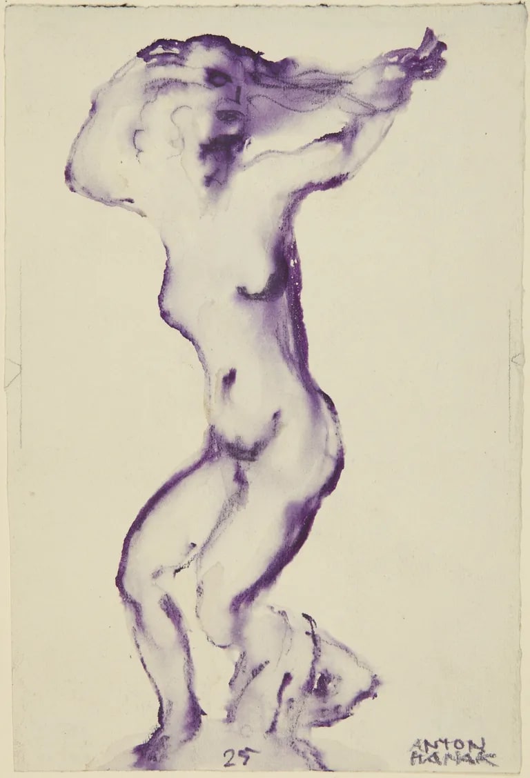 Nude woman with arms raised