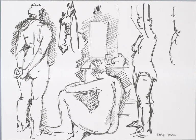 Three nudes (arms raised)
