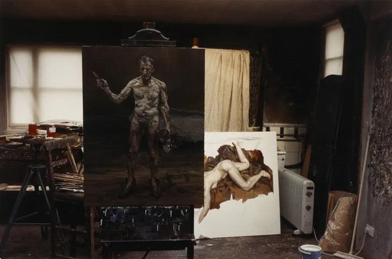 Nude self-portrait in studio of Lucian Freud, London