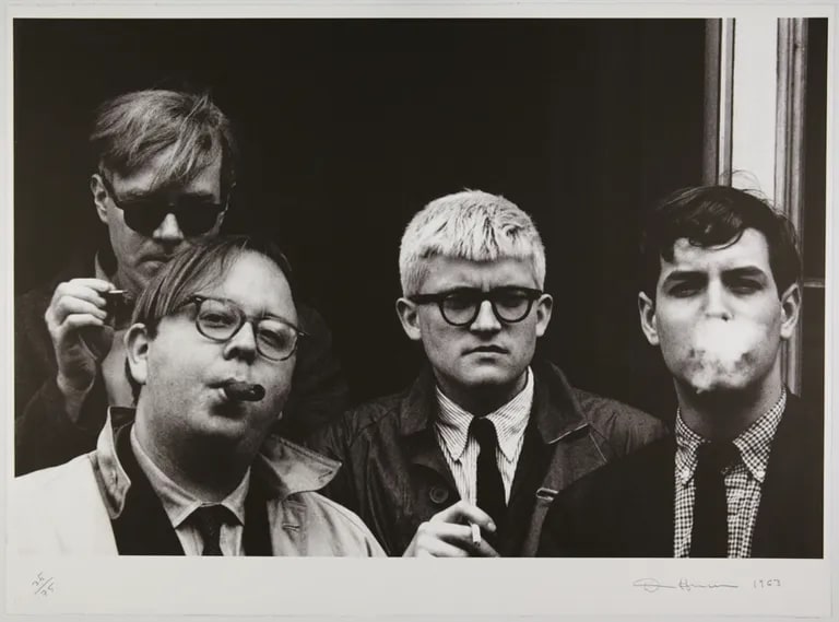 Andy Warhol, David Hockney, Henry Geldzahler and Jeff Goodman from "Out of the 60s," 1963