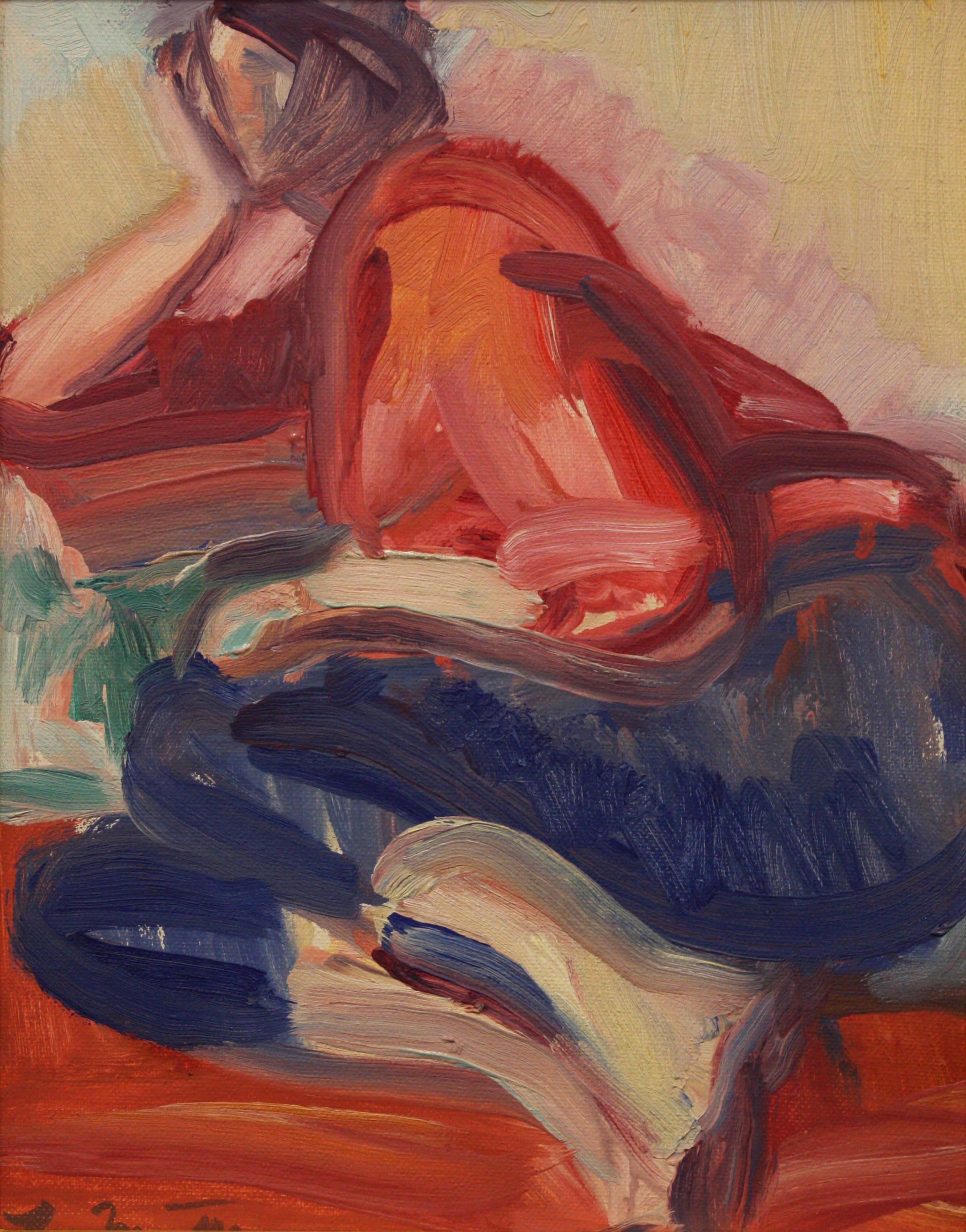 Girl reclining on side, head supported by arm