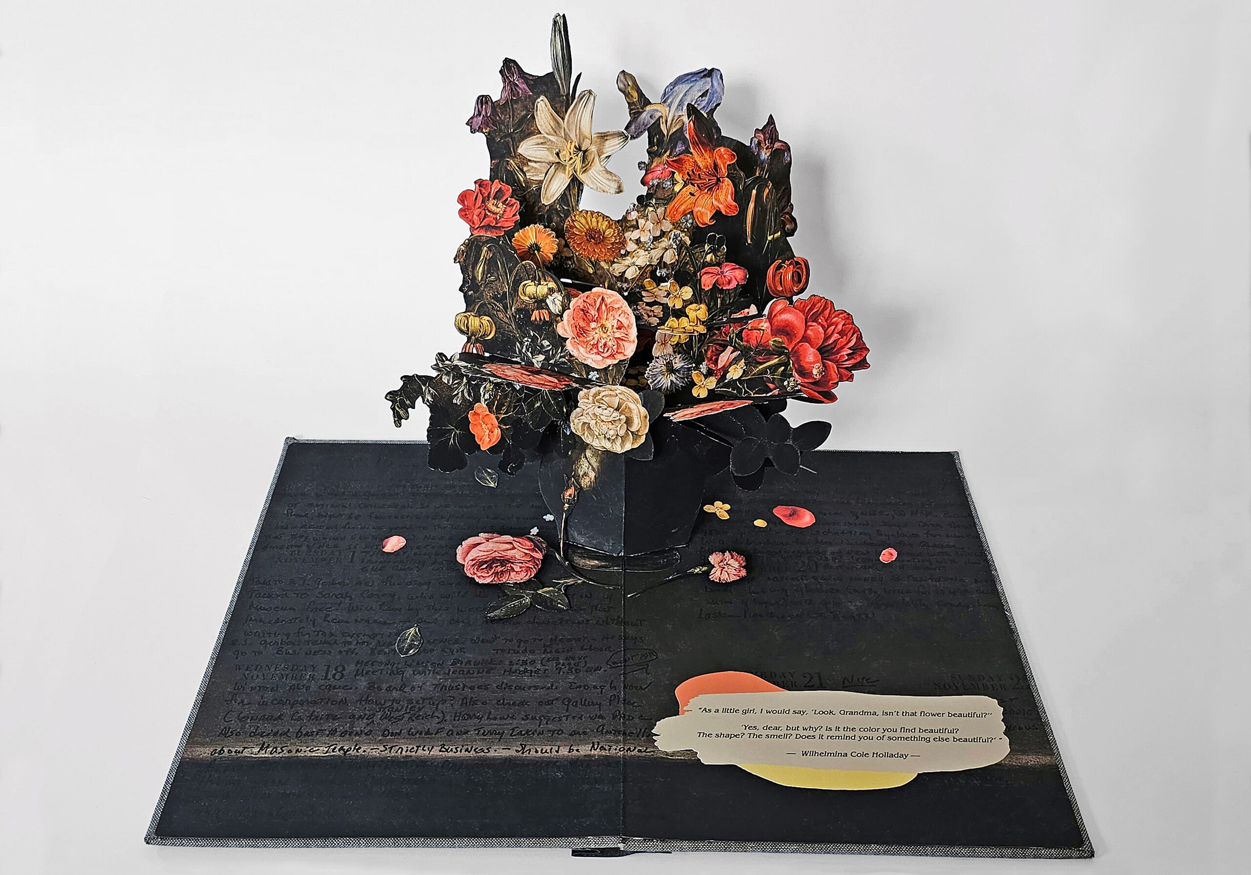 A Pop-up Book of Lilies, Roses, Iris, Pansies, Columbine, Love-in-a-Mist, Larkspur and Other Flowers in a Glass Vase on Table Top, Flanked by a Rose and a Carnation