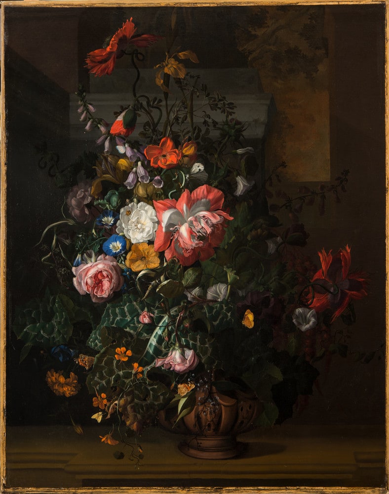 Roses, Convolvulus, Poppies, and Other Flowers in an Urn on a Stone Ledge