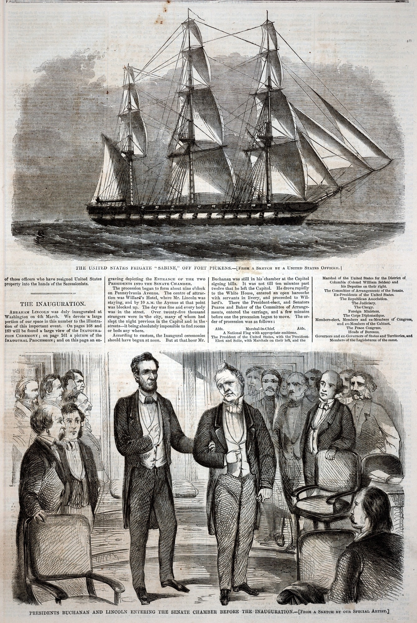 Presidents Buchanan and Lincoln Entering the Senate Chamber Before the Inauguration, from Harper's Weekly, March 16, 1861