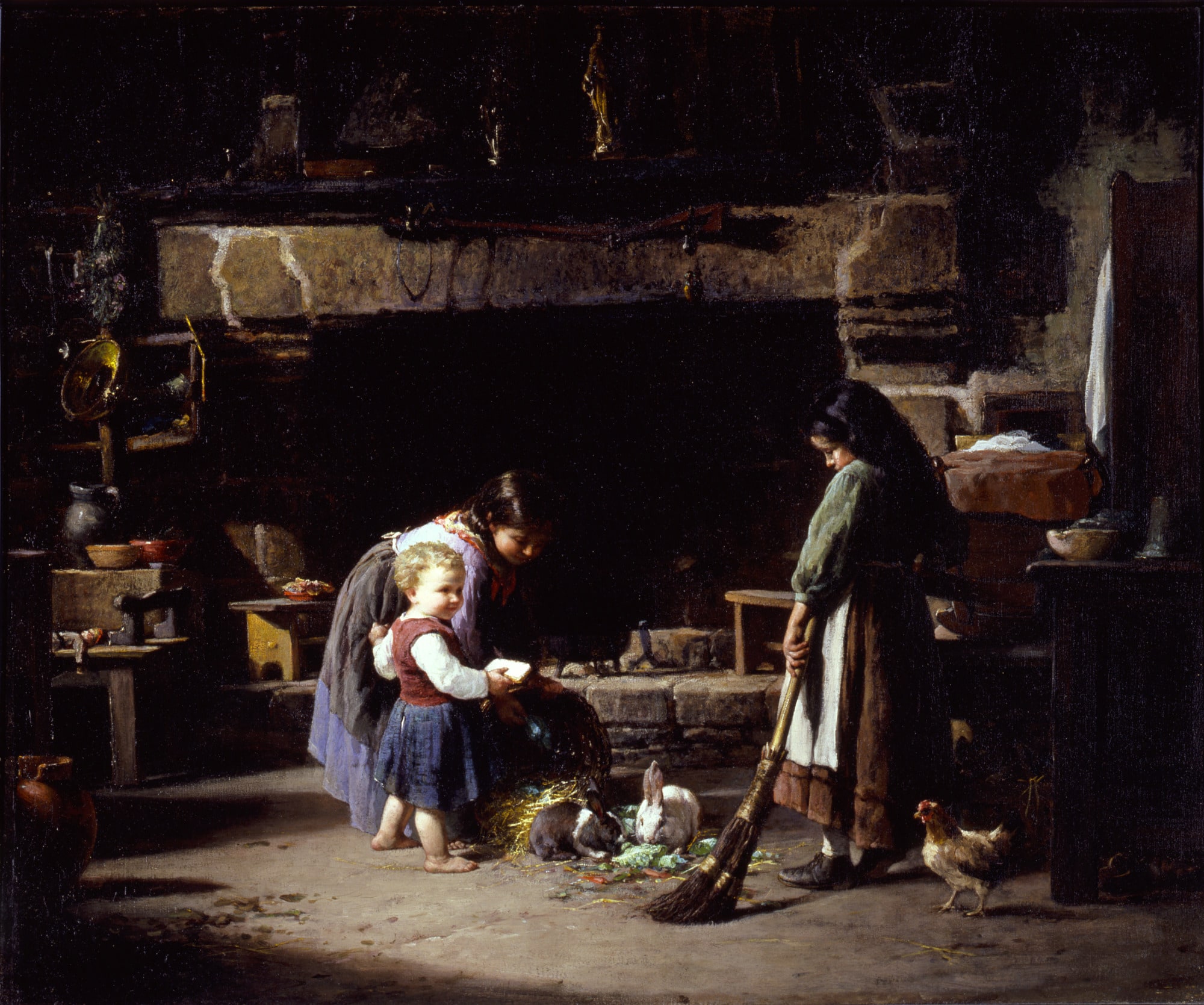 Farm Interior: Breton Children Feeding Rabbits