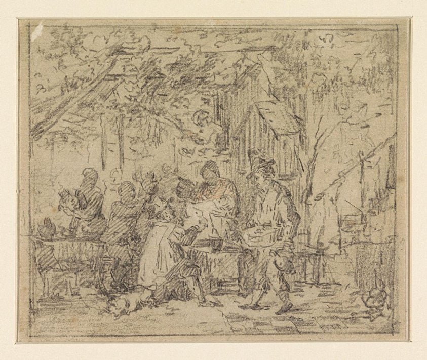 Gezelschap op terras buiten herberg