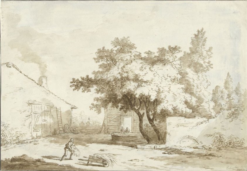 Boerenhoeve met grote bomen en mensen