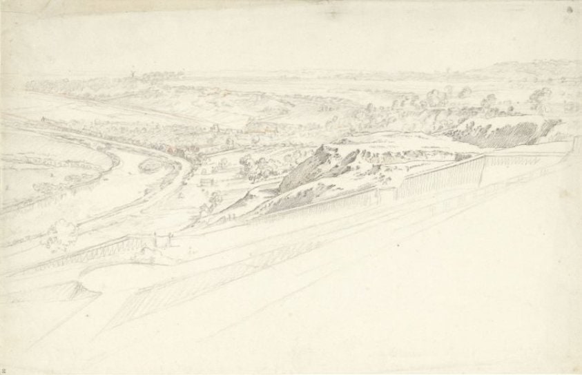 Gezicht van een hooggelegen terras over een landschap met bochtige rivier