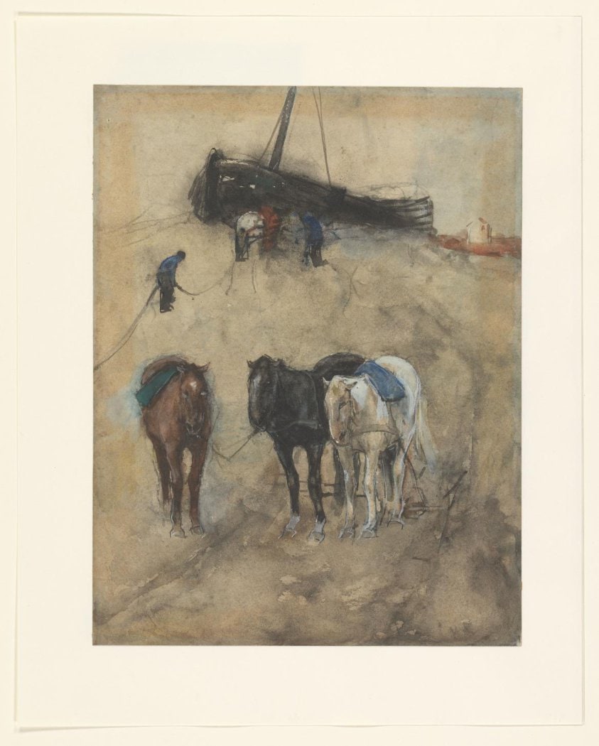 Paarden op het strand, op de achtergrond een schuit en vissers