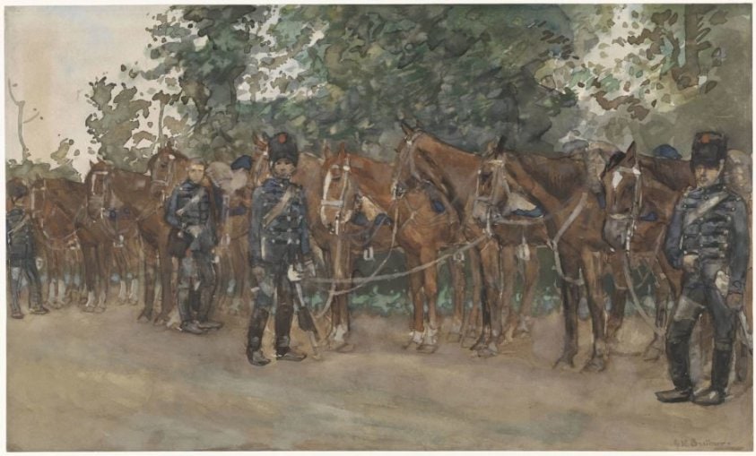 Huzaren staande naast hun paarden langs de kant van de weg