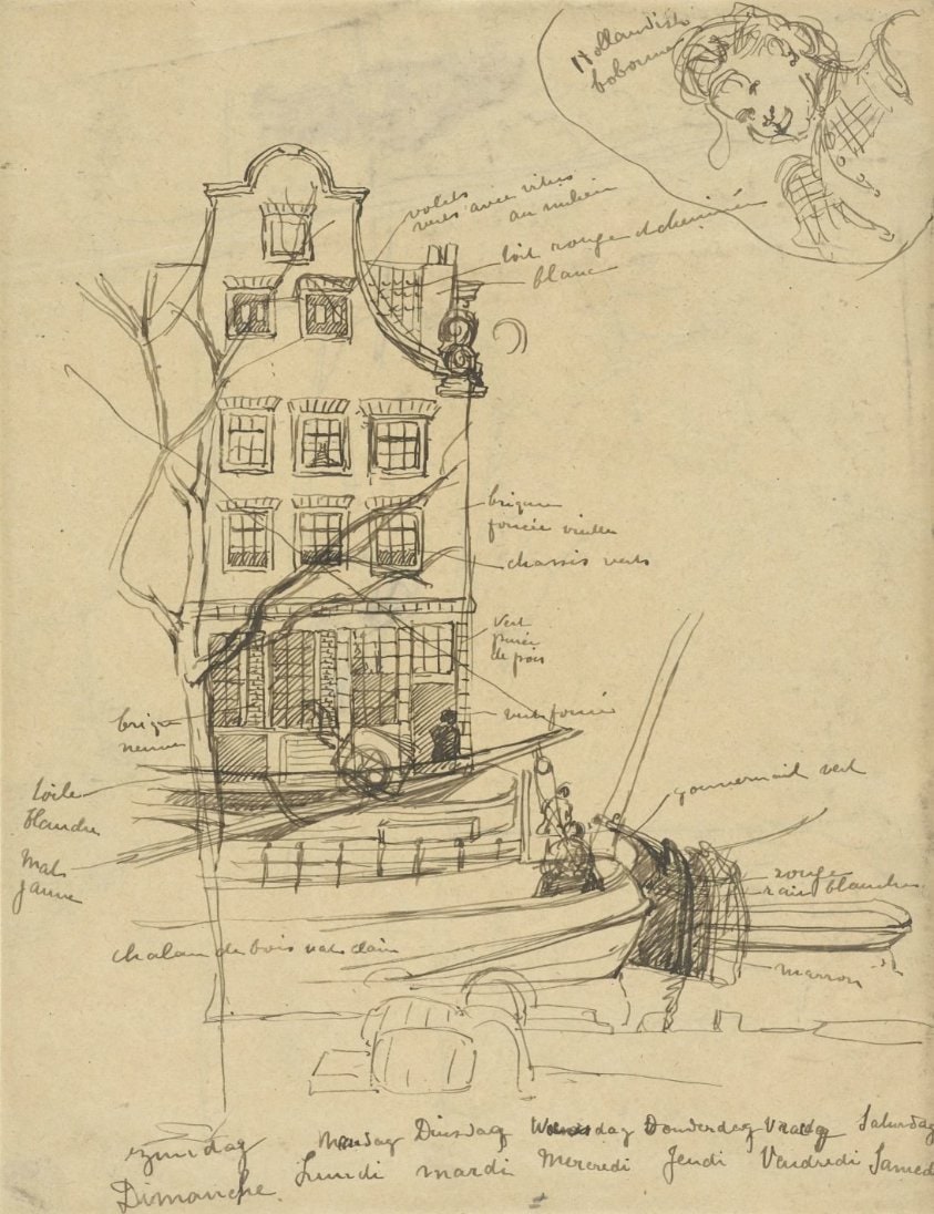 Gezicht op een Amsterdamse gevel, met ervoor in de gracht enige schuiten; bovenaan een vrouwenportretje