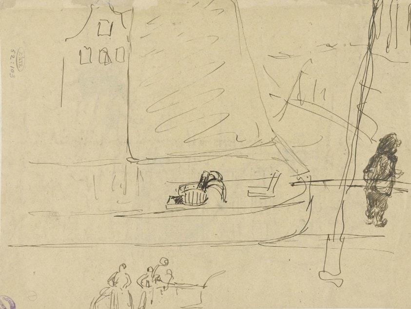 Schetsen te Amsterdam (?), enkele figuren, een grachtenhuis en een schuit