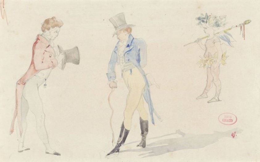 Licht schetsblad met twee elkaar ontmoetende dandies en een ballet-amour