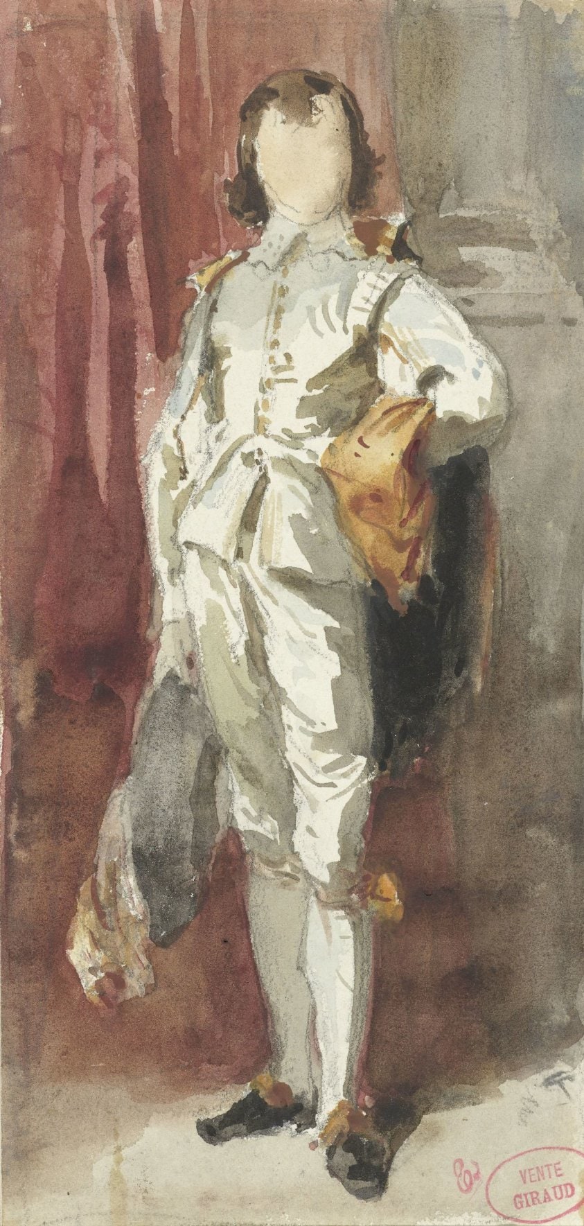 Staande knaap in Van Dyck-kostuum, tegen een rood gordijn gezet