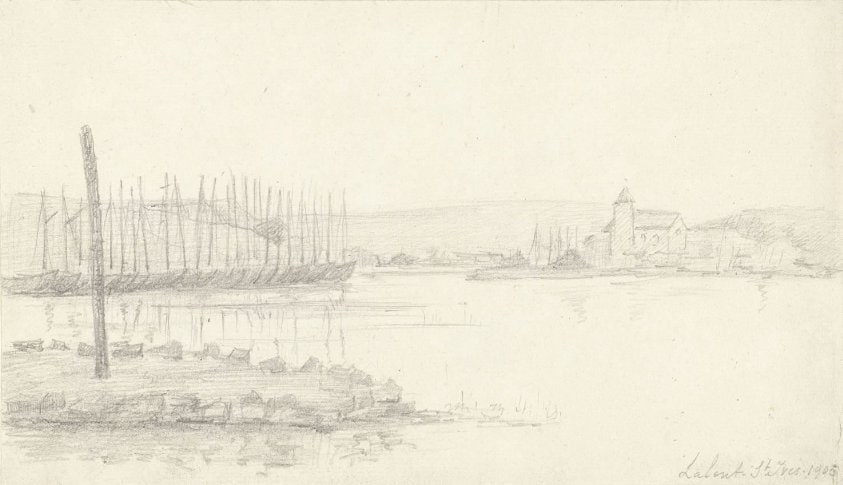 Gezicht over het water op een dorpskerkje Lalent-St.Ives