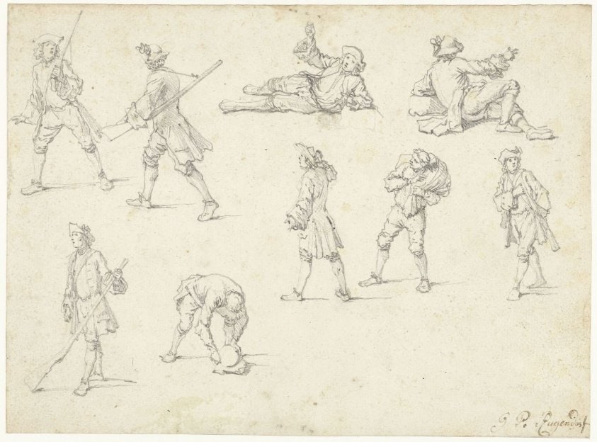 Studieblad met negen figuren