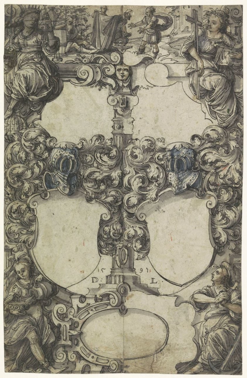 Ontwerp voor een glasraam met de vier deugden en twee lege wapenschilden; bovenaan de dronkenschap van Noach