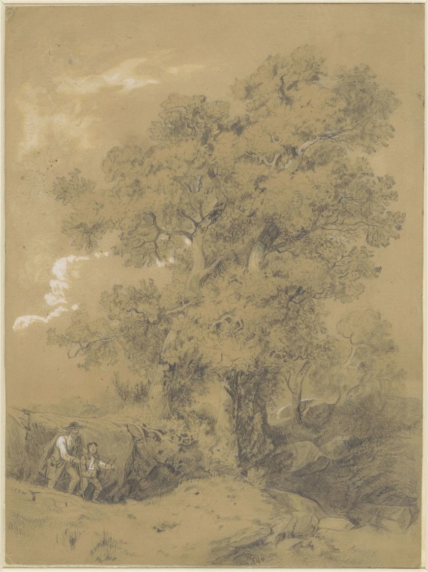 Blinde man wordt door een jongen geleid in een landschap met grote eikenbomen