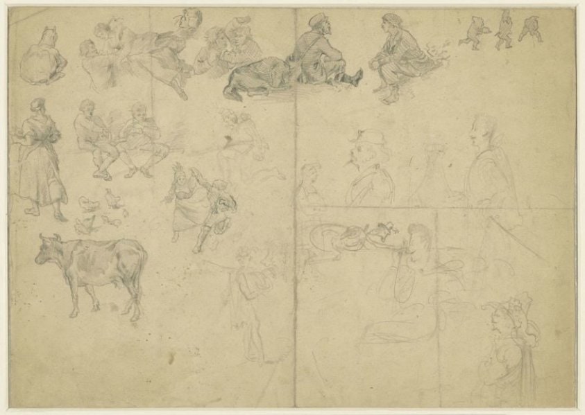 Schetsblad met krabbels van het land, een koe, dansers, toeristen en fantasie-figuren