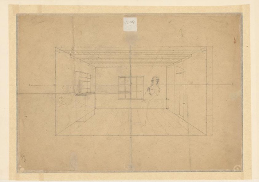 Perspectivische studie van een ruimte, met een staande vrouw